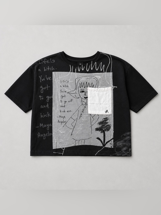 Tops - Wonder Mei Black Graphic Short Sleeve Tee with Contrast Pocket